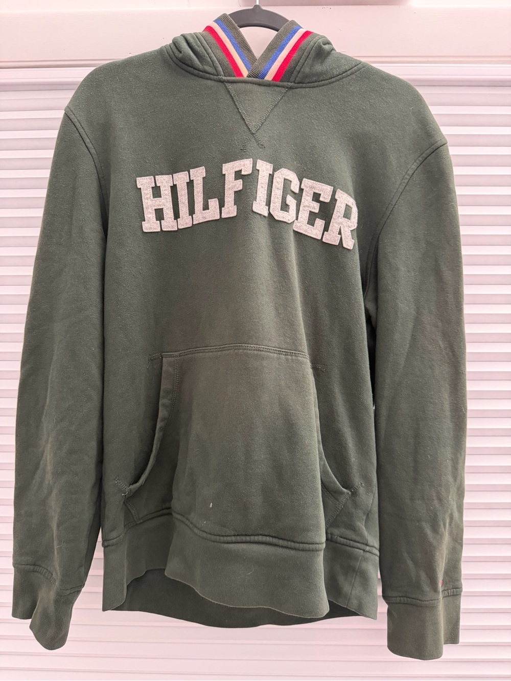 Tommy Hilfiger Olive Green Crewneck Hoodie with Striped Hood Trim